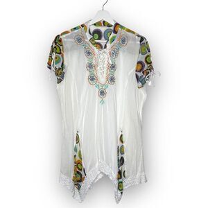 Siya White Colorful Floral Embroidered Cotton Blouse Tunic Top Women’s Large